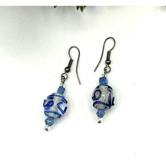 Blue & Clear Swirl Glass Bead Dangle Earrings With Silver Hooks - Picture 3 of 4